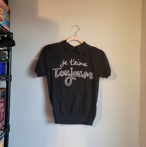 Forever 21 Puff Sleeve Short Sleeve Sweater with collar and "Je T'aime Toujours"